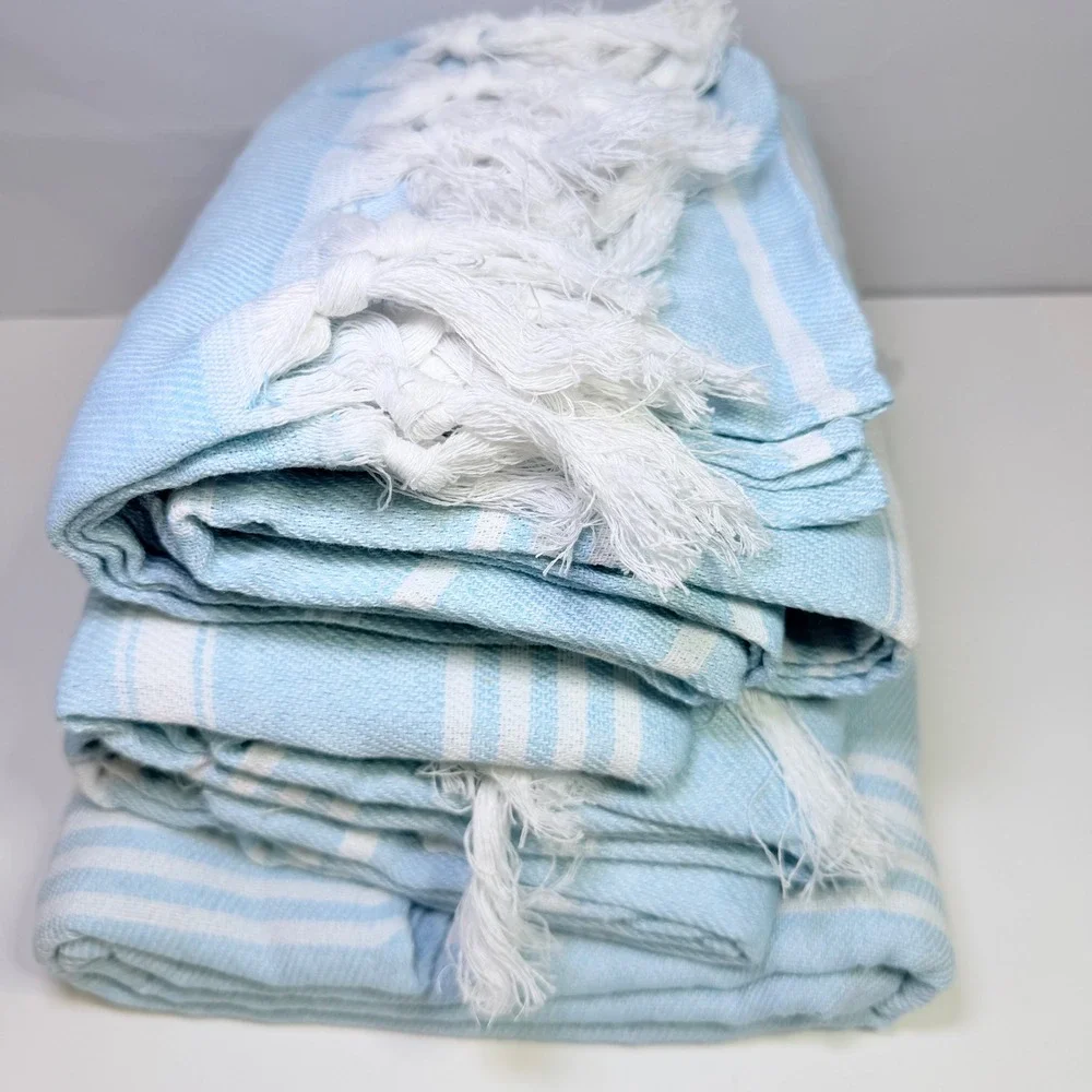 Lot of 4 Turkish Peshtemal Bath Towels Light Blue White Striped Tassel 52x26